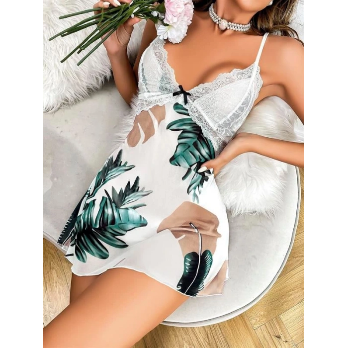 Amora Secret  Özel Tasarım Yaprak Desenli İnce Askılı Dantel İşlemeli Mini Saten Gecelik