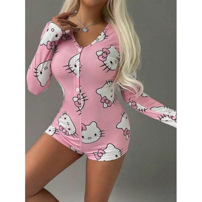 Pamuklu Pembe Hello Kitty Desenli Düğmeli Uzun Kol Tulum