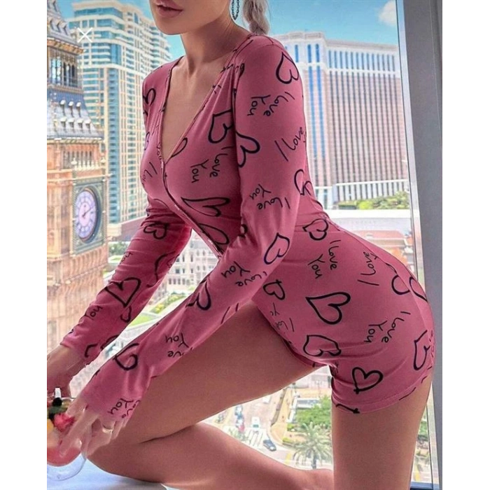 Amora Secret  Pamuklu Pembe Siyah Kalp Desenli Düğmeli Uzun Kol Tulum Pijama