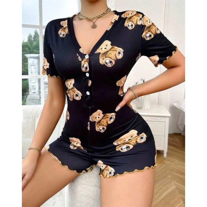 Amora Secret  Pamuklu Siyah Ayıcık Desenli Düğmeli Tulum Pijama