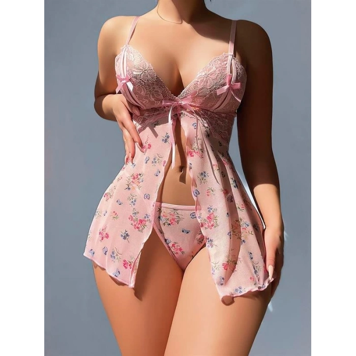 Amora Secret  Pembe Dantel İşlemeli Çiçek Desenli Fantezi Gecelik
