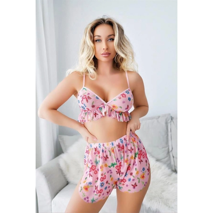 Amora Secret  Pembe Desenli Fantezi Tül Şortlu Sütyen Takımı