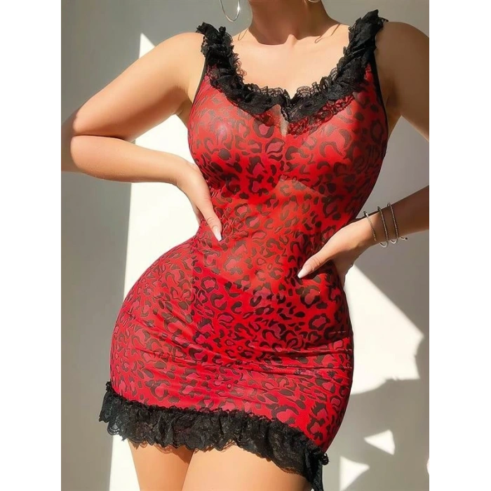 Amora Secret  Sırt Dekolteli Kırmızı Leoparlı Gecelik