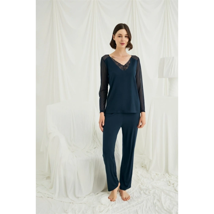 Amora Secret  Sırt Dekolteli Uzun Kollu Tüllü Ve Dantelli Pijama Takımı