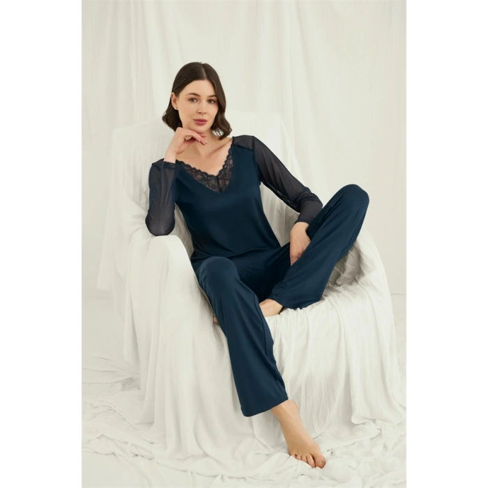 Amora Secret  Sırt Dekolteli Uzun Kollu Tüllü Ve Dantelli Pijama Takımı