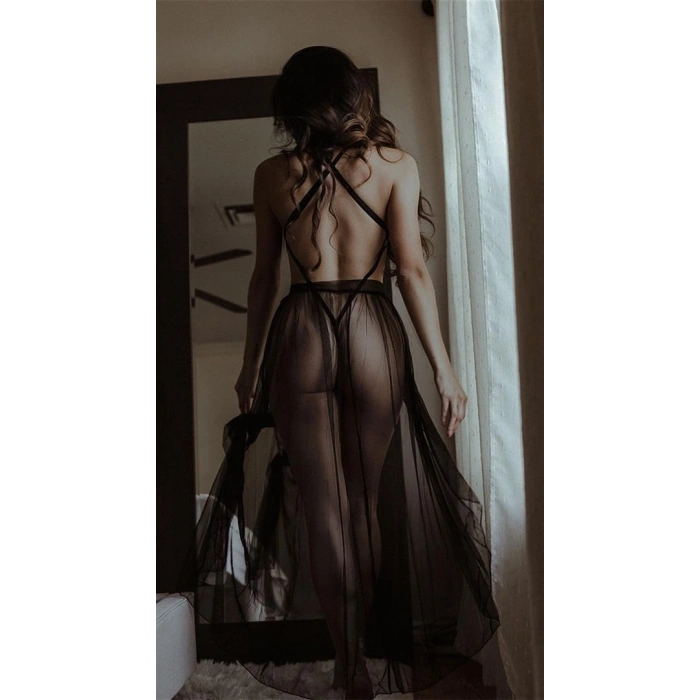 Amora Secret  Siyah Belden Bağlamalı Dantelli Body Gecelik