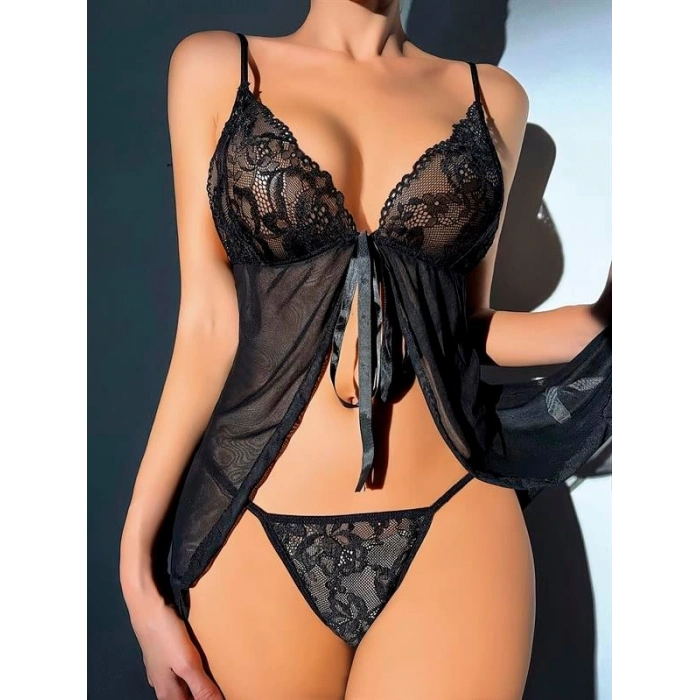 Amora Secret  Siyah Dantel İşlemeli Önden Bağlamalı Fantezi Şık Tül Gecelik