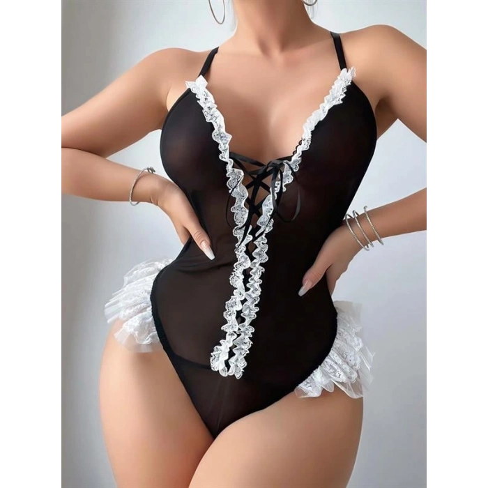 Amora Secret  Siyah Dantel İşlemeli Sırt Dekolteli Fantezi Body