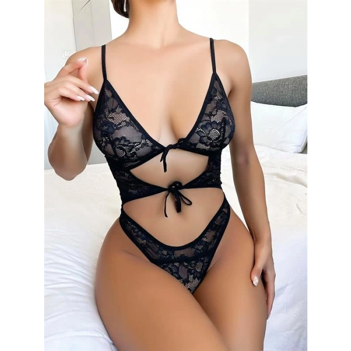 Amora Secret  Siyah Dantelli Belden Bağlamalı Fantezi Body