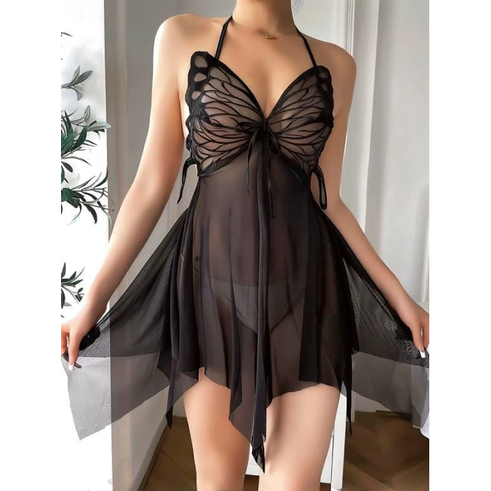 Amora Secret  Siyah Kelebek İşlemeli Tül Fantezi Gecelik