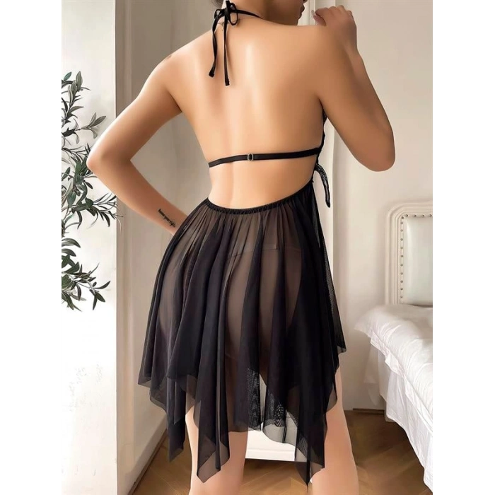 Amora Secret  Siyah Kelebek İşlemeli Tül Fantezi Gecelik