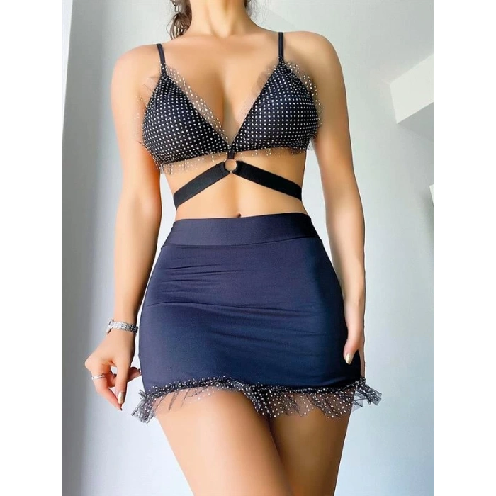 Amora Secret  Siyah Mini Tül Detaylı Fantezi Elbise