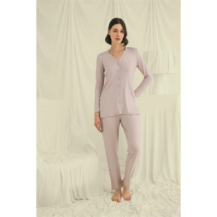 Amora Secret  Uzun Kollu Boydan Düğmeli V Yaka Pijama Takımı