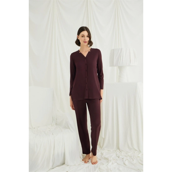 Amora Secret  Uzun Kollu Boydan Düğmeli V Yaka Pijama Takımı