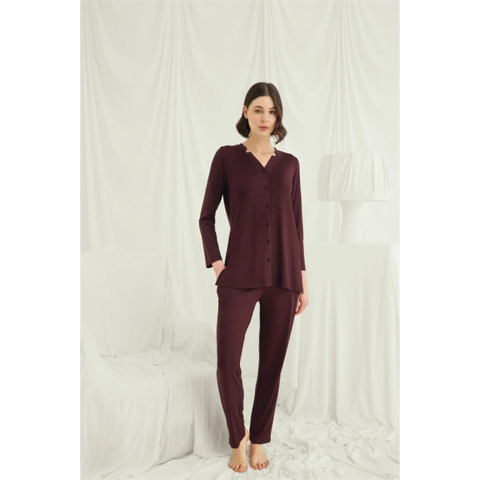 Amora Secret  Uzun Kollu Boydan Düğmeli V Yaka Pijama Takımı