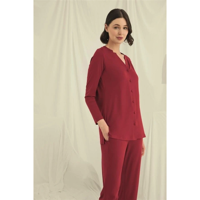 Amora Secret  Uzun Kollu Boydan Düğmeli V Yaka Pijama Takımı