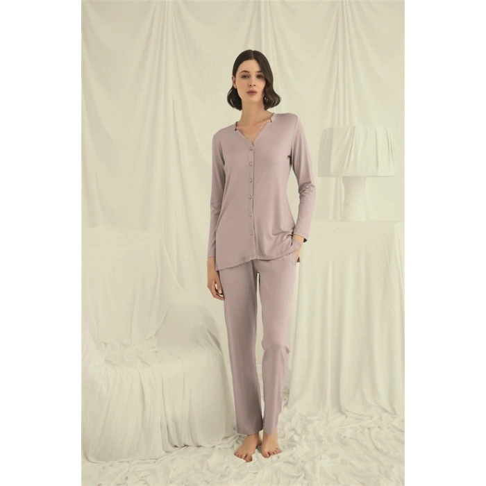 Amora Secret  Uzun Kollu Boydan Düğmeli V Yaka Pijama Takımı