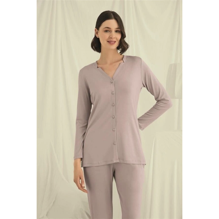 Amora Secret  Uzun Kollu Boydan Düğmeli V Yaka Pijama Takımı
