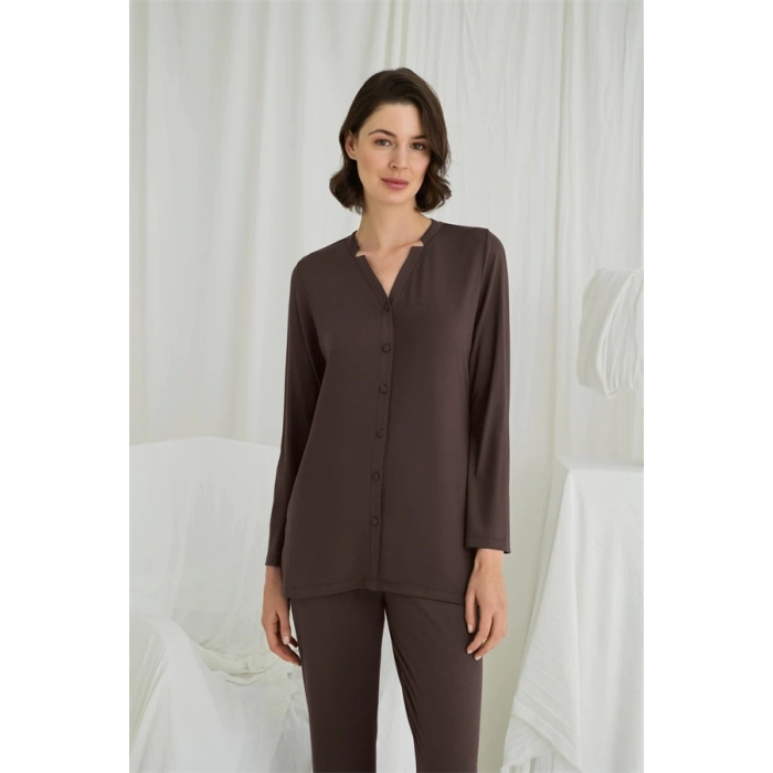 Amora Secret  Uzun Kollu Boydan Düğmeli V Yaka Pijama Takımı