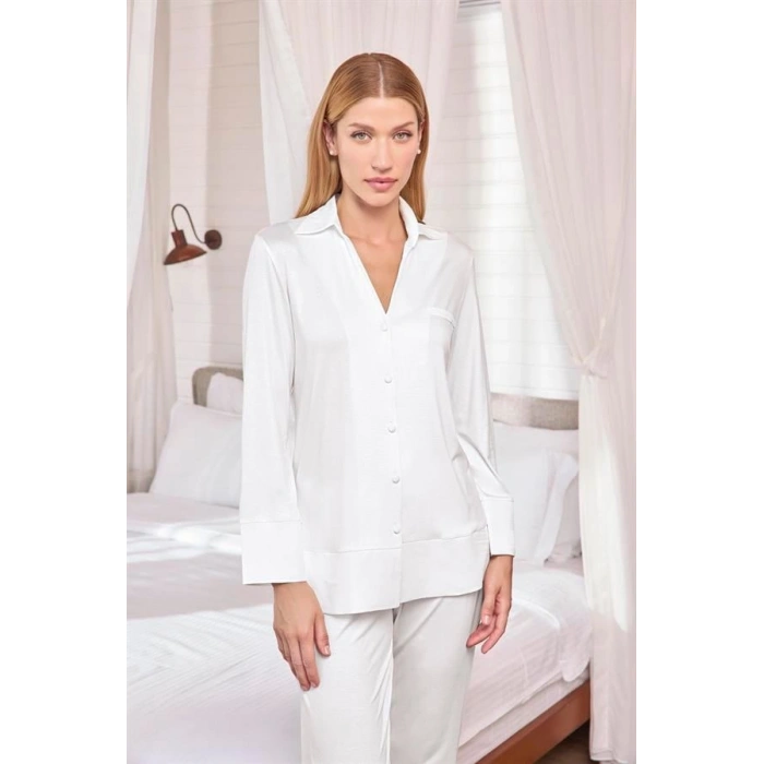 Amora Secret  Uzun Kollu Önü Düğmeli Gömlek Yaka Pijama Takımı