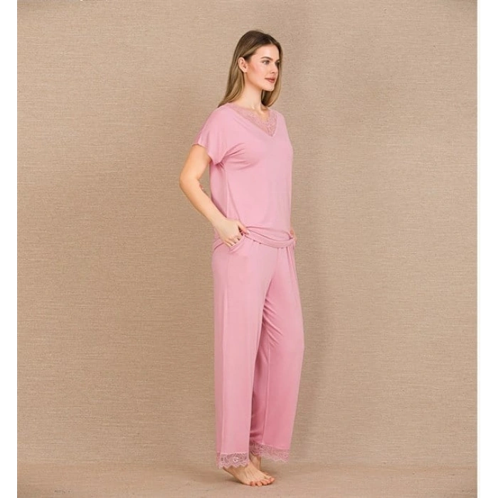 Amora Secret  Viskon Şık Tasarım Dantel İşlemeli Pembe Kısa Kol Pijama Takımı
