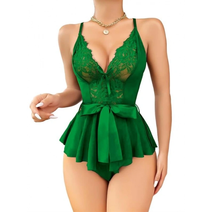 Amora Secret  Yeşil Dantel İşlemeli Kurdelalı Fantezi Tül Babydoll