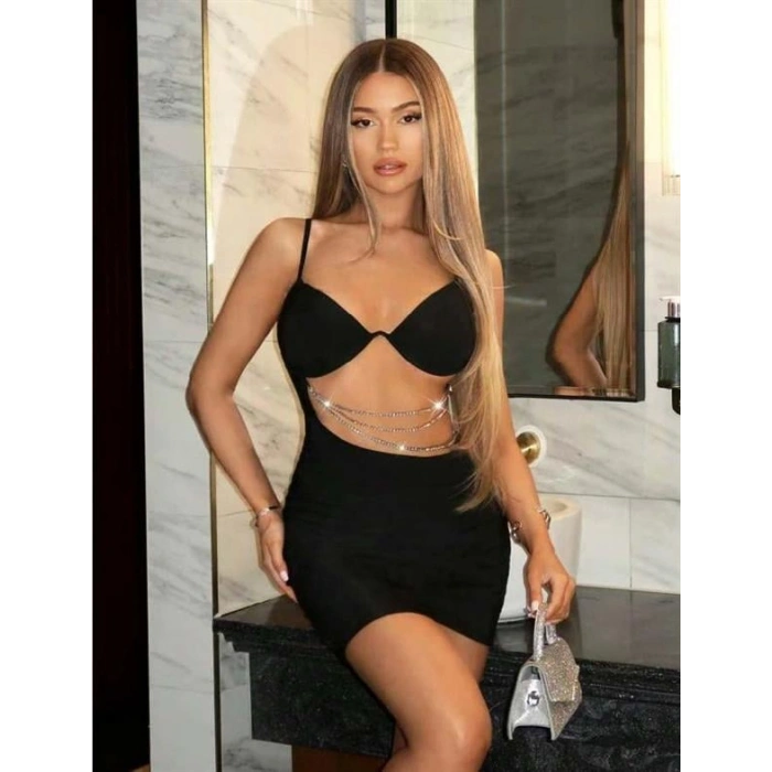 Amora Secret  Zincir Detaylı Göğüs Dekolteli Siyah Mini Club Elbisesi