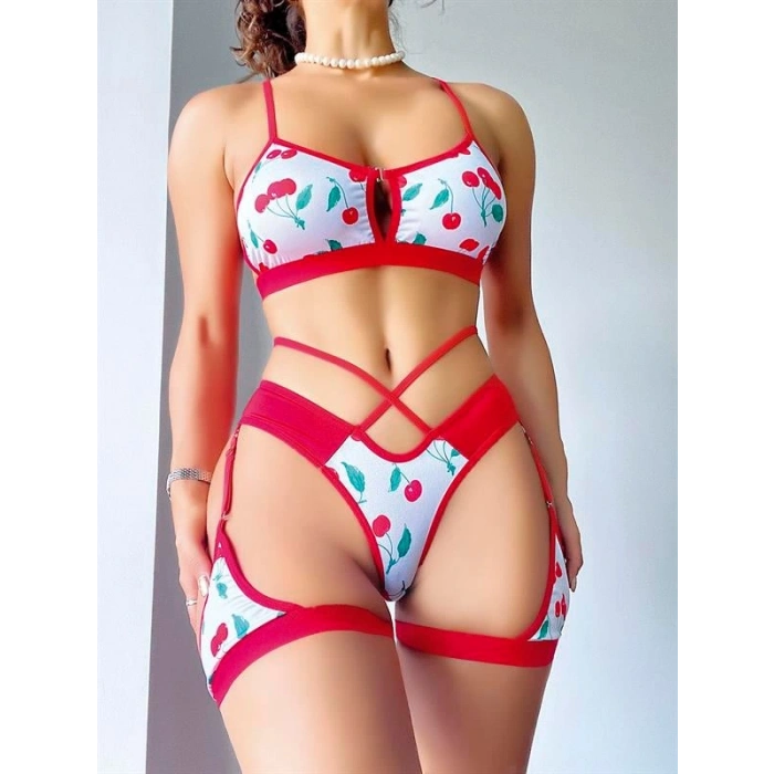 AMORA SECRET BACAK BANTLI KIRAZ DESENLI JARTIYER TAKIMI