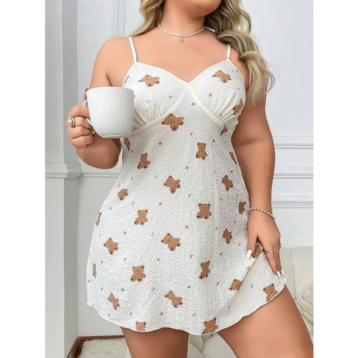 AMORA SECRET BÜYÜK BEDEN AYICIK DESENLI INCE ASKILI MINI GECELIK