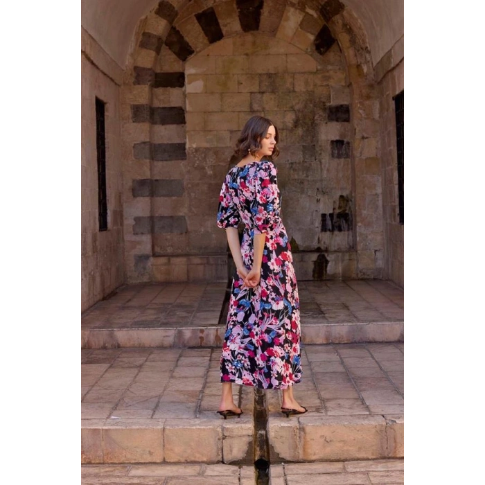 AMORA SECRET ÇIÇEK DESENLI VISKON ELBISE