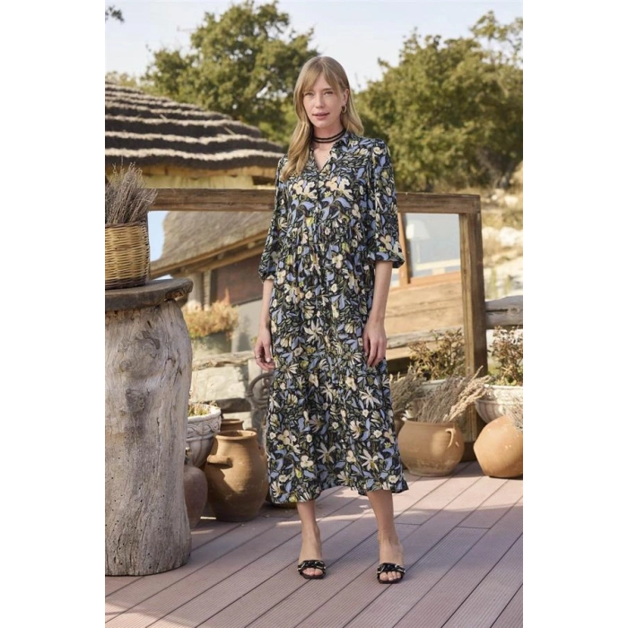 AMORA SECRET ÇIÇEK VE YAPRAK DESENLI TRUVAKAR KOLLU ELBISE