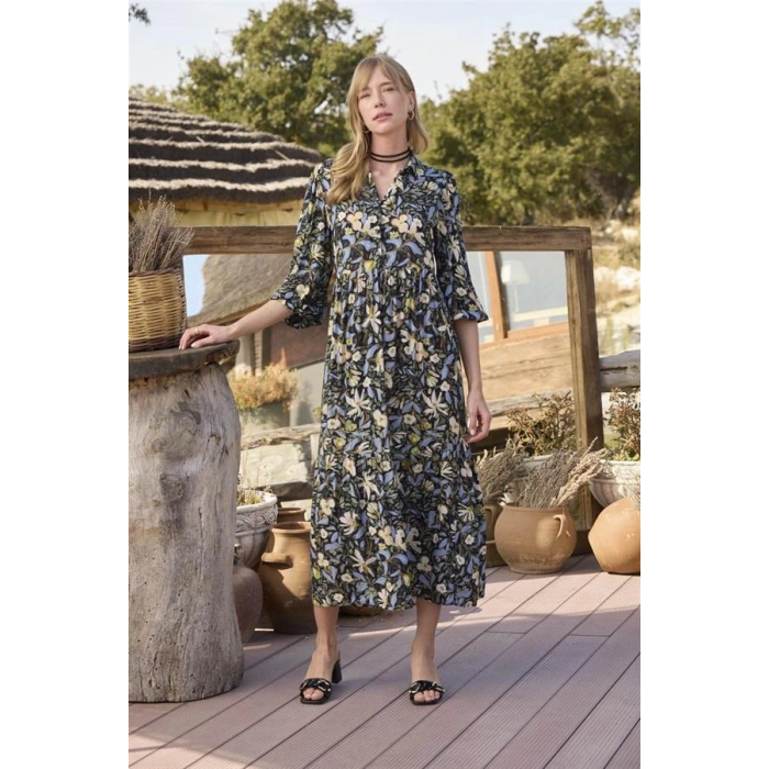 AMORA SECRET ÇIÇEK VE YAPRAK DESENLI TRUVAKAR KOLLU ELBISE