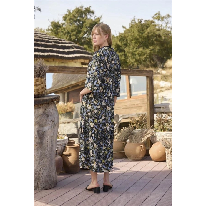 AMORA SECRET ÇIÇEK VE YAPRAK DESENLI TRUVAKAR KOLLU ELBISE