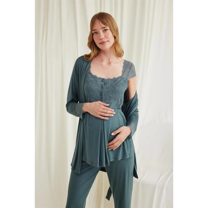 AMORA SECRET DANTELLI ÖNÜ DÜĞMELI HAMILE LOHUSA 3LÜ VISKON PIJAMA TAKIMI
