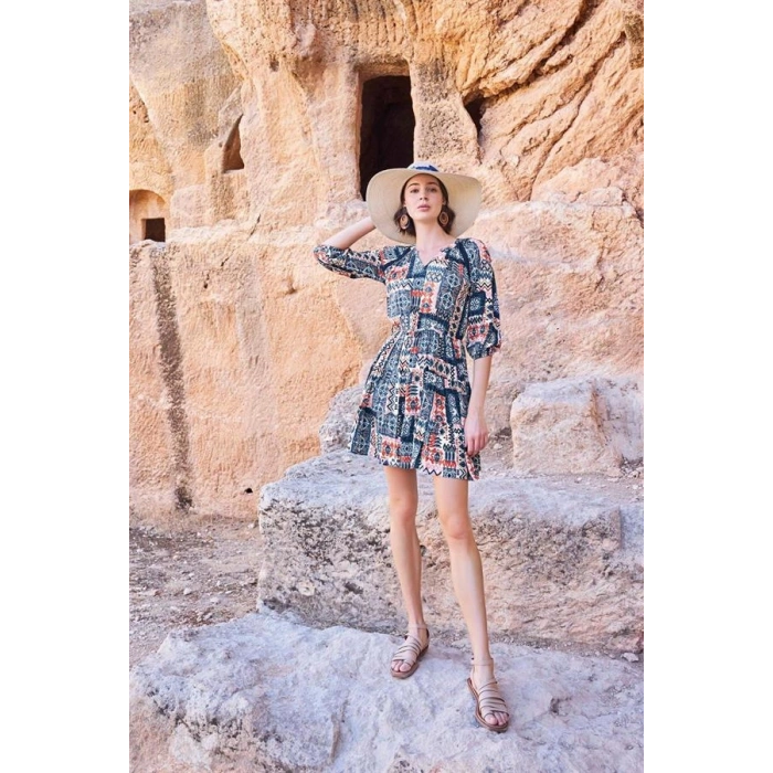 AMORA SECRET ETNIK DESENLI TRUVAKAR KOLLU V YAKA ELBISE