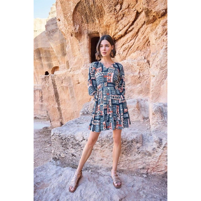 AMORA SECRET ETNIK DESENLI TRUVAKAR KOLLU V YAKA ELBISE