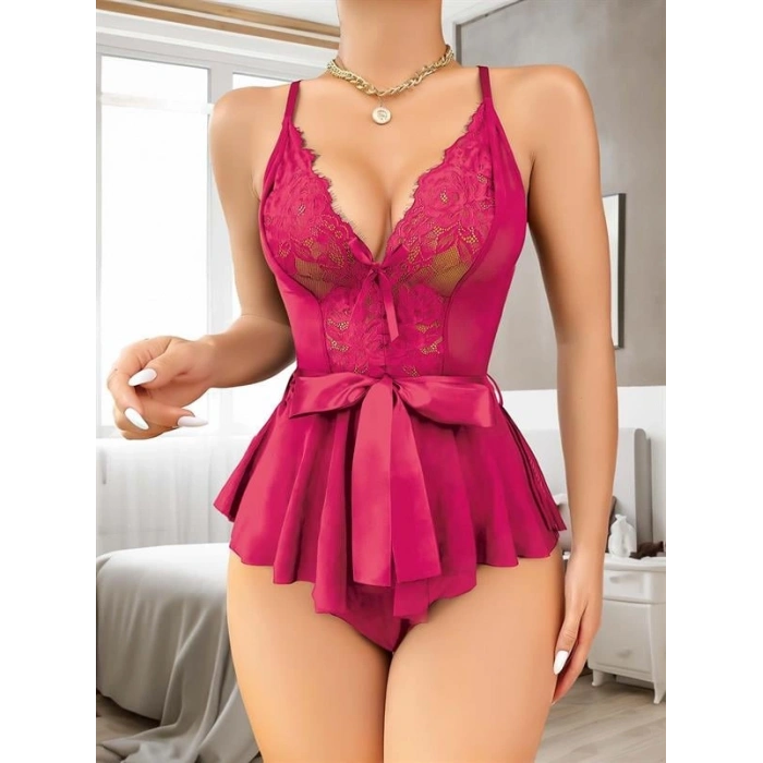 AMORA SECRET FUŞYA DANTEL IŞLEMELI KURDELALI FANTEZI TÜL BABYDOLL