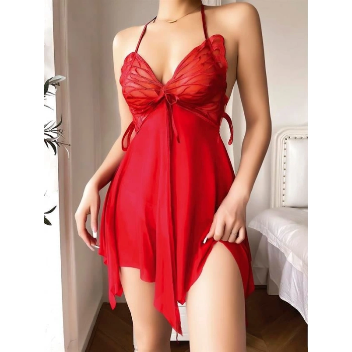 AMORA SECRET KIRMIZI KELEBEK IŞLEMELI TÜL FANTEZI GECELIK
