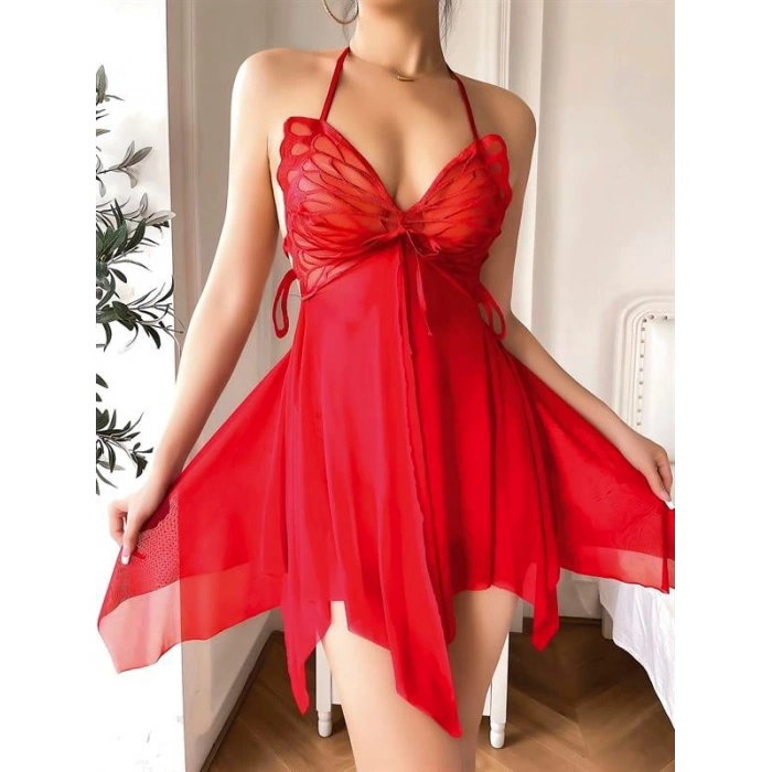 AMORA SECRET KIRMIZI KELEBEK IŞLEMELI TÜL FANTEZI GECELIK