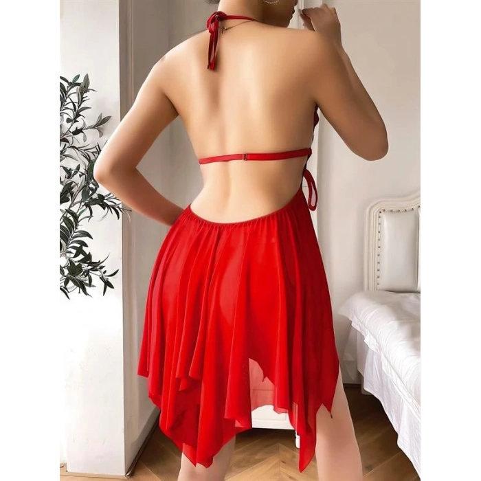 AMORA SECRET KIRMIZI KELEBEK IŞLEMELI TÜL FANTEZI GECELIK