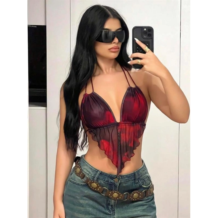AMORA SECRET KIRMIZI SIYAH DESENLI INCE ASKILI ÜÇGEN KESIM CROP