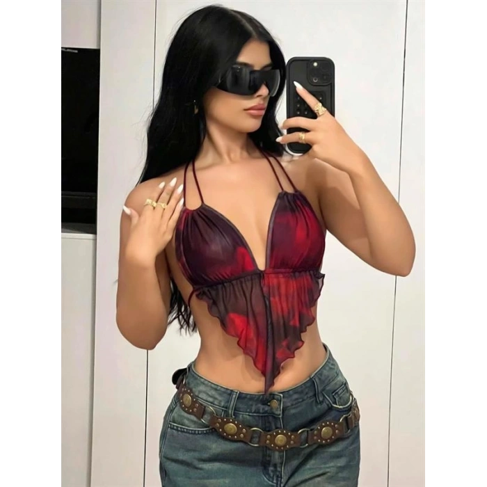 KIRMIZI SİYAH DESENLİ İNCE ASKILI ÜÇGEN KESİM CROP