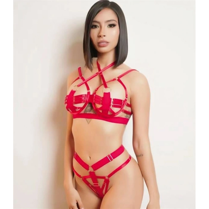 AMORA SECRET KIRMIZI SÜTYEN KÜLOT HARNESS TAKIM