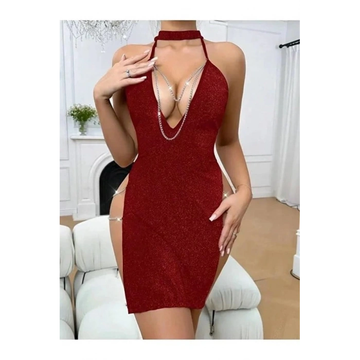 AMORA SECRET Amora Kirmizi Zi̇Nci̇R Detayli Transparan Fantezi̇ Elbi̇Se