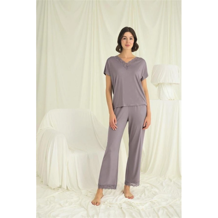 AMORA SECRET KISA KOLLU V YAKALI DANTELLI PIJAMA TAKIMI