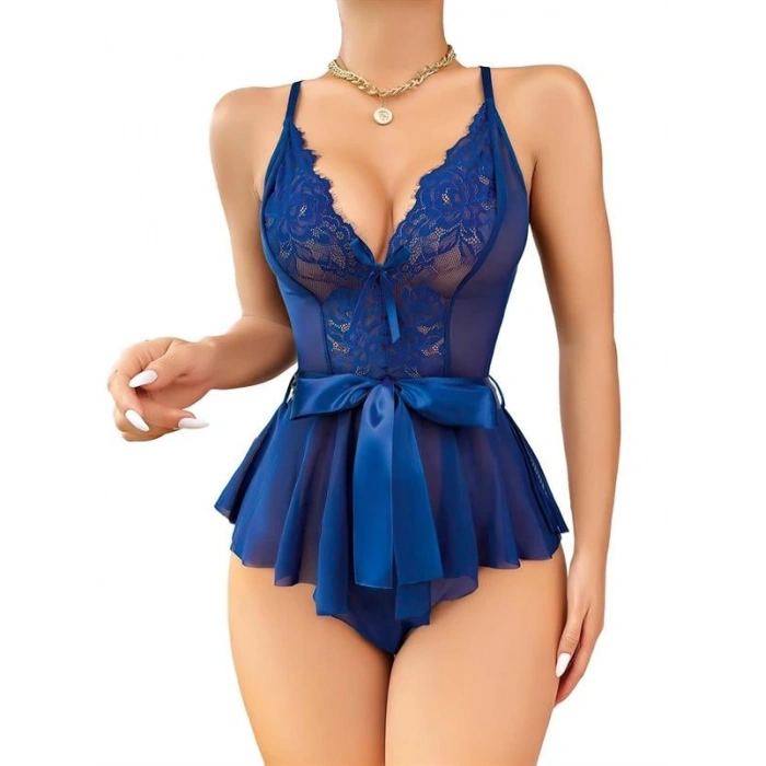 AMORA SECRET MAVI DANTEL IŞLEMELI KURDELALI FANTEZI TÜL BABYDOLL