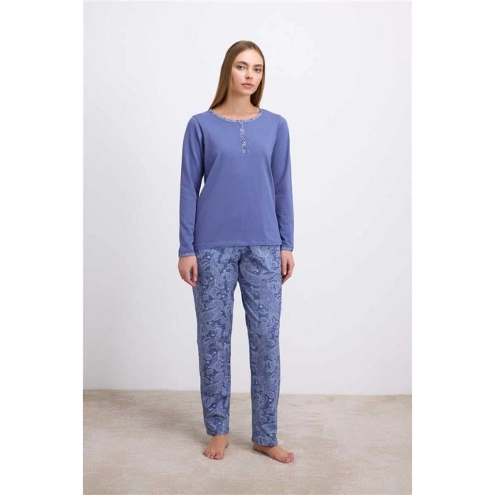 ÖZEL TASARIM  %95 PAMUKLU UZUN KOLLU T-SHİRT VE DESENLİ PANTOLON PİJAMA TAKIMI