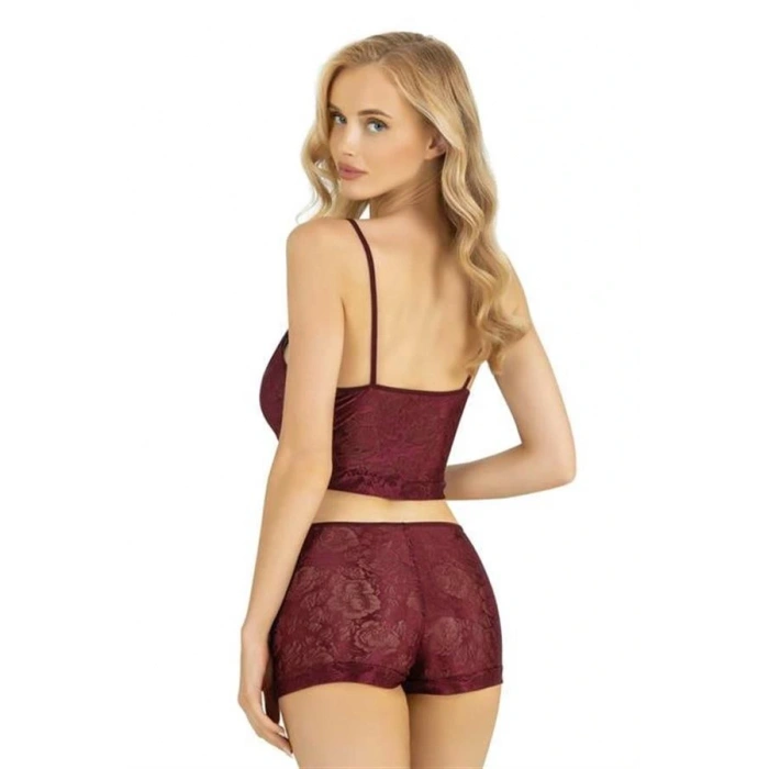 ÖZEL TASARIM  BORDO SATEN ŞORT TAKIMI 9219