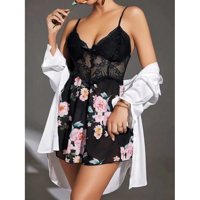 AMORA SECRET ÖZEL TASARIM ÇIÇEK DESENLI DANTEL IŞLEMELI ŞIK GÖĞÜS DEKOLTELI SIYAH SATEN GECELIK