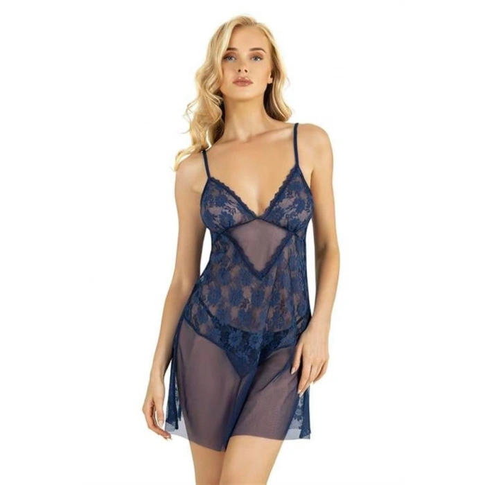 ÖZEL TASARIM DANTEL İŞLEMELİ LACİVERT KISA TÜL GECELİK